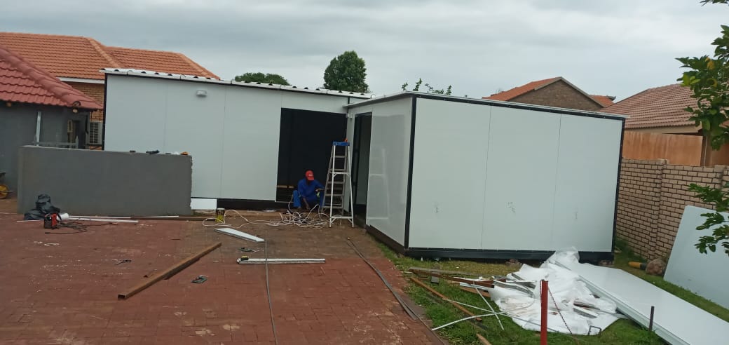 Mobile office build in progress — panel assembly on site