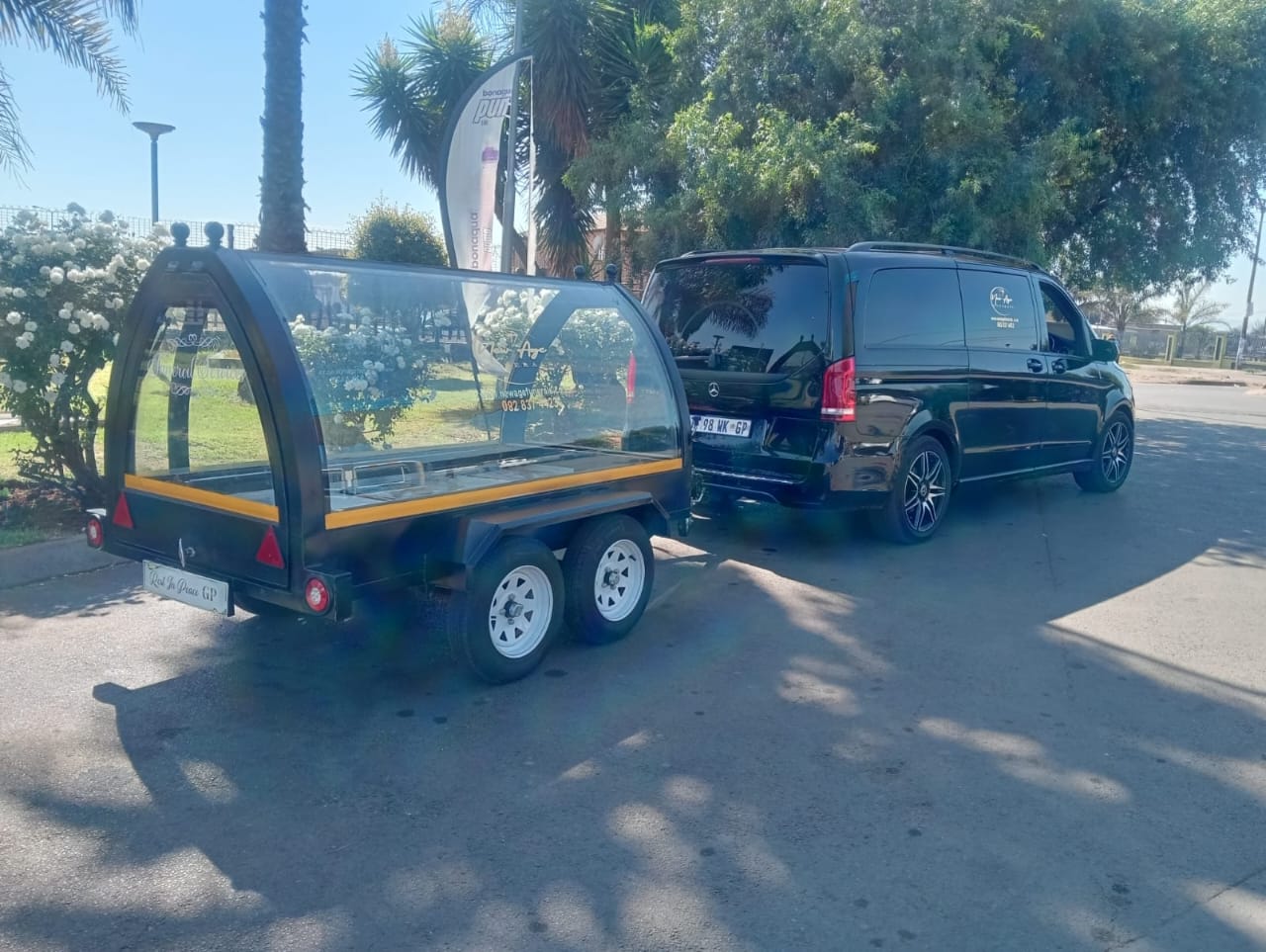 Mobile hearse trailer towed by Mercedes-Benz V-Class