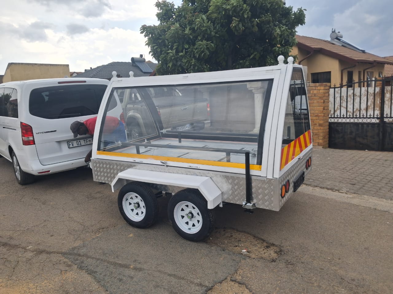 Custom mobile hearse trailer — glass display canopy